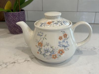Vintage Floral Teapot - White Ceramic with Orange and Blue Flowers
