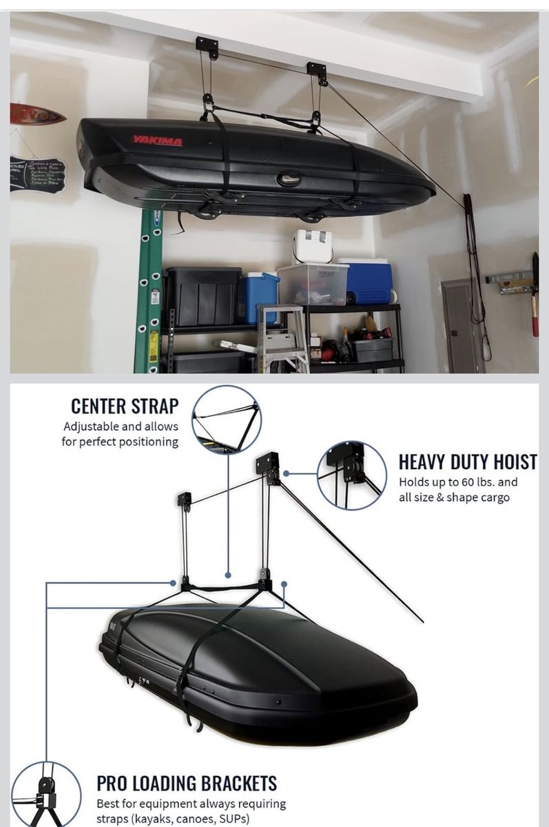 Heavy Duty Garage Hoist Storage Lift System for Cargo Boxes, Kayaks, Canoes, SUPs - 60lb Capacity