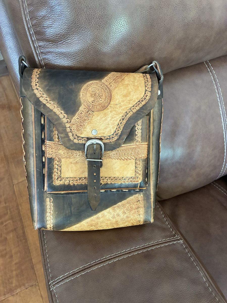 Vintage Hand-Tooled Leather Shoulder Bag Crossbody Messenger Purse Aztec Mayan Calendar