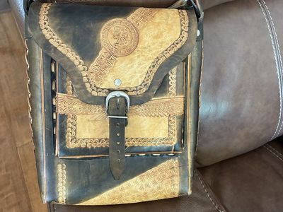 Vintage Hand-Tooled Leather Shoulder Bag Crossbody Messenger Purse Aztec Mayan Calendar