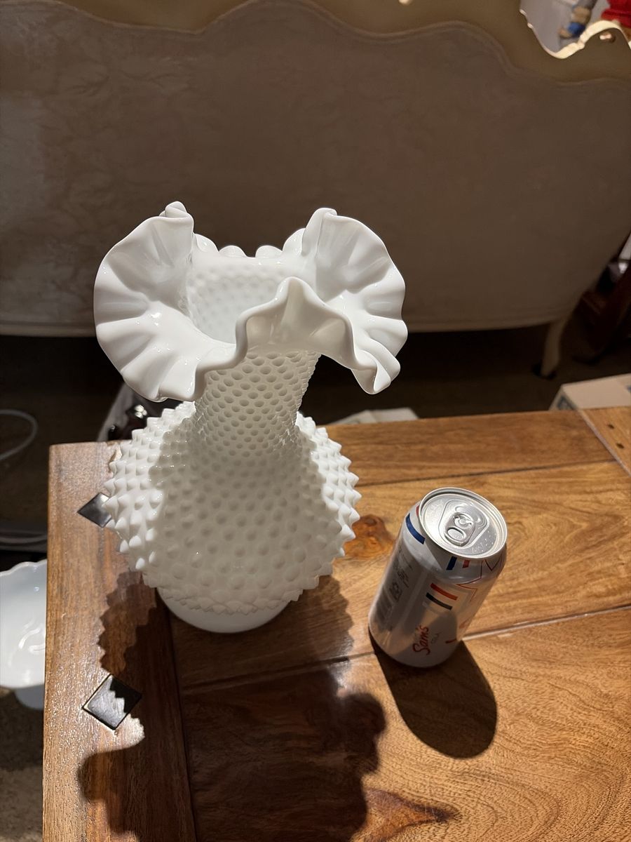 Vintage White Milk Glass Hobnail Ruffled Rim Vase
