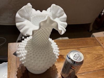 Vintage White Milk Glass Hobnail Ruffled Rim Vase