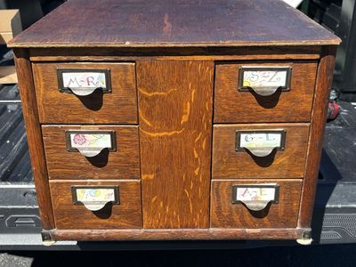 Antique quarter-sawn tiger oak filing cabinet w/ six drawers w/ original metal label holders