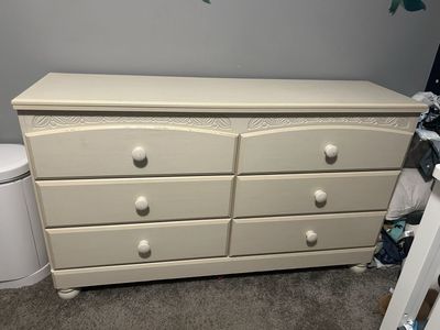 Solid Wood 6-Drawer Dresser & Shelf Combo - Ivory Off-White, Minimal Wear