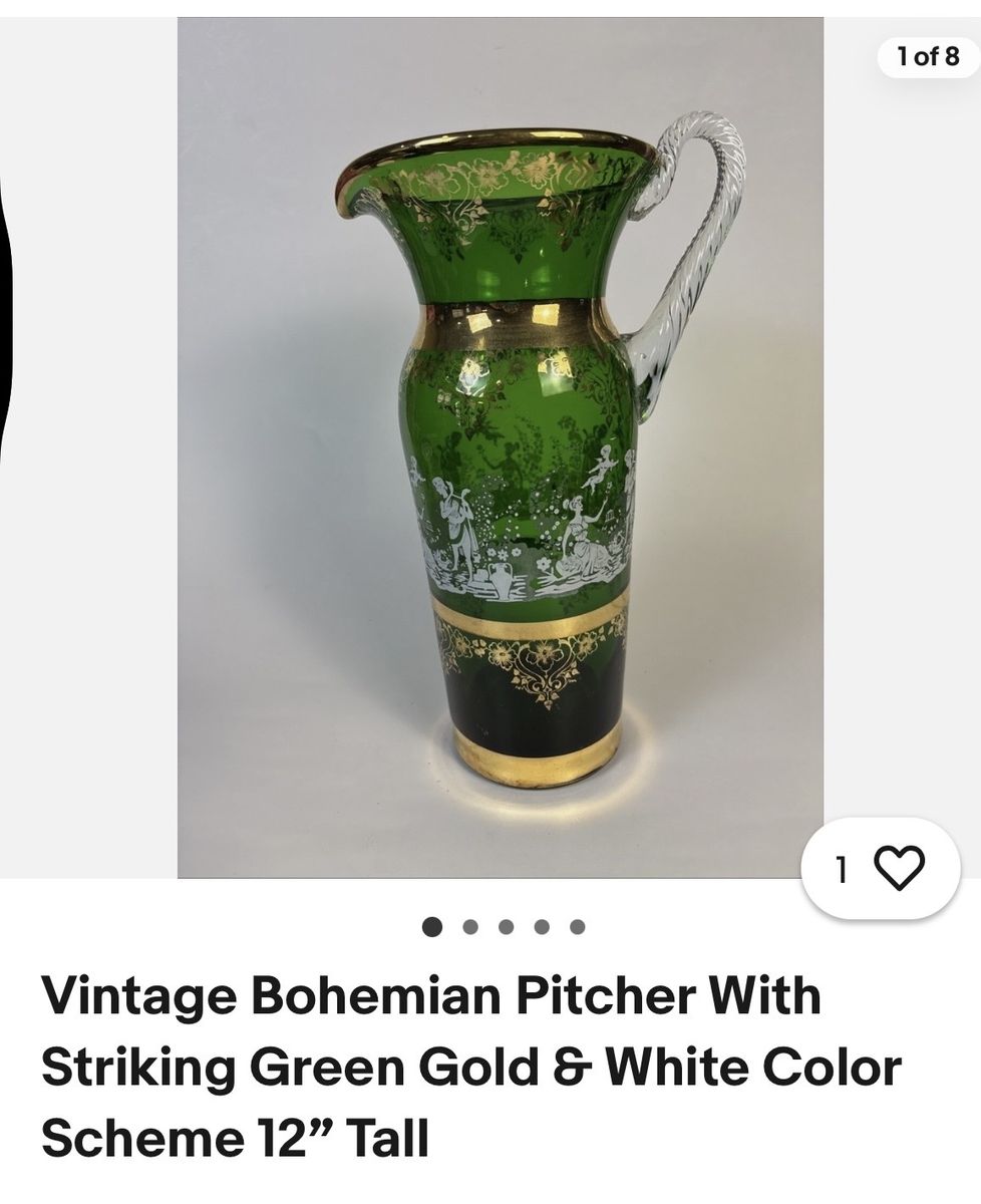 Vintage Bohemian Green, Gold & White Art Glass Pitcher - 12" Tall - Hand-Decorated Enameled Jug