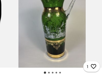 Vintage Bohemian Green, Gold & White Art Glass Pitcher - 12" Tall - Hand-Decorated Enameled Jug