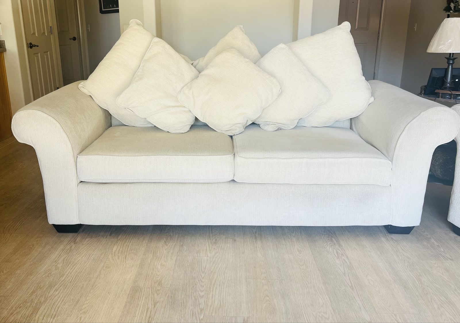 8 ft. Fabric Sofa with Rolled Arms and Multiple Accent Pillows