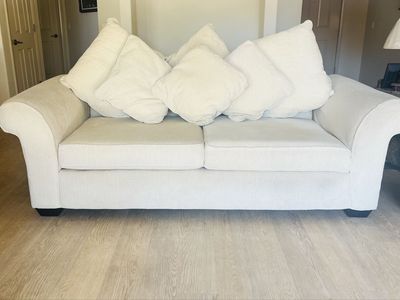 8 ft. Fabric Sofa with Rolled Arms and Multiple Accent Pillows