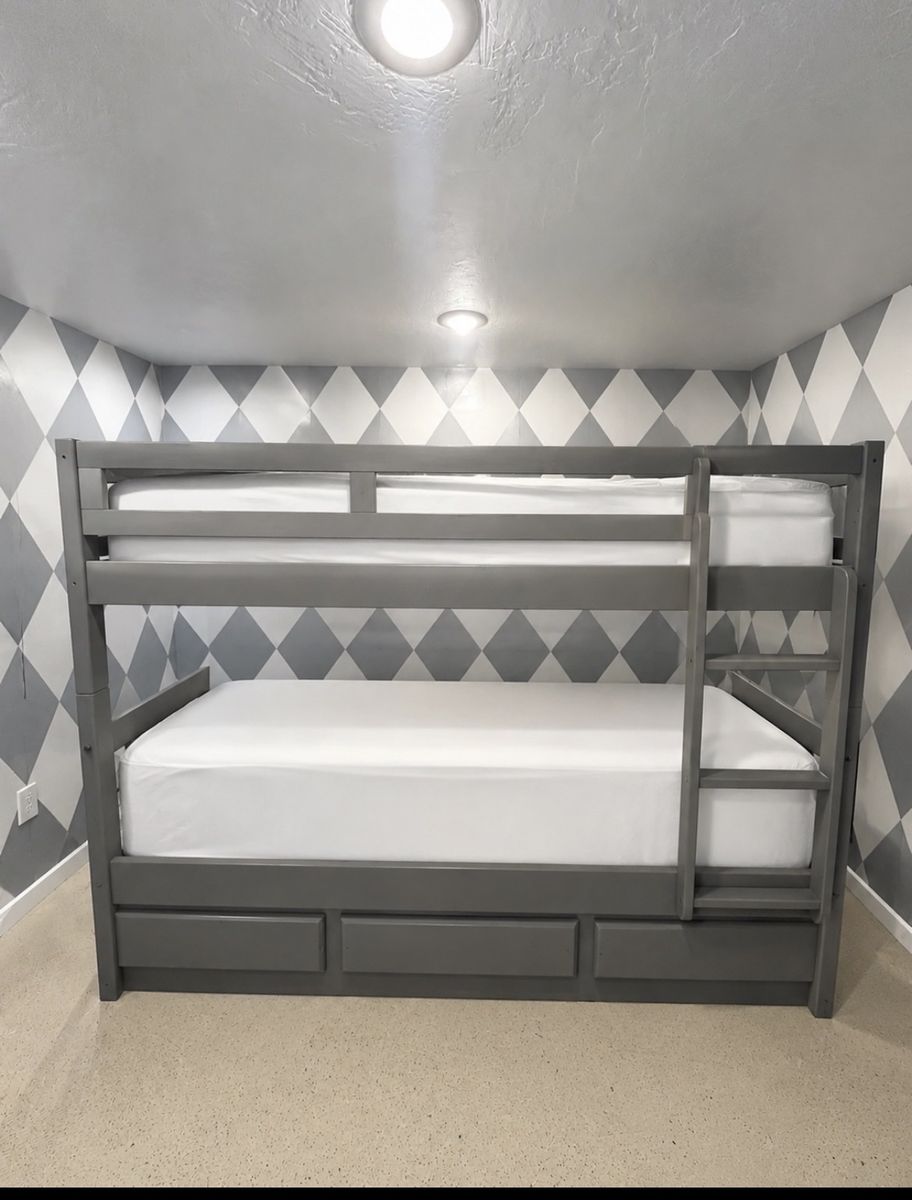 Gray Double Bunk Bed with Storage Drawers & Ladder
