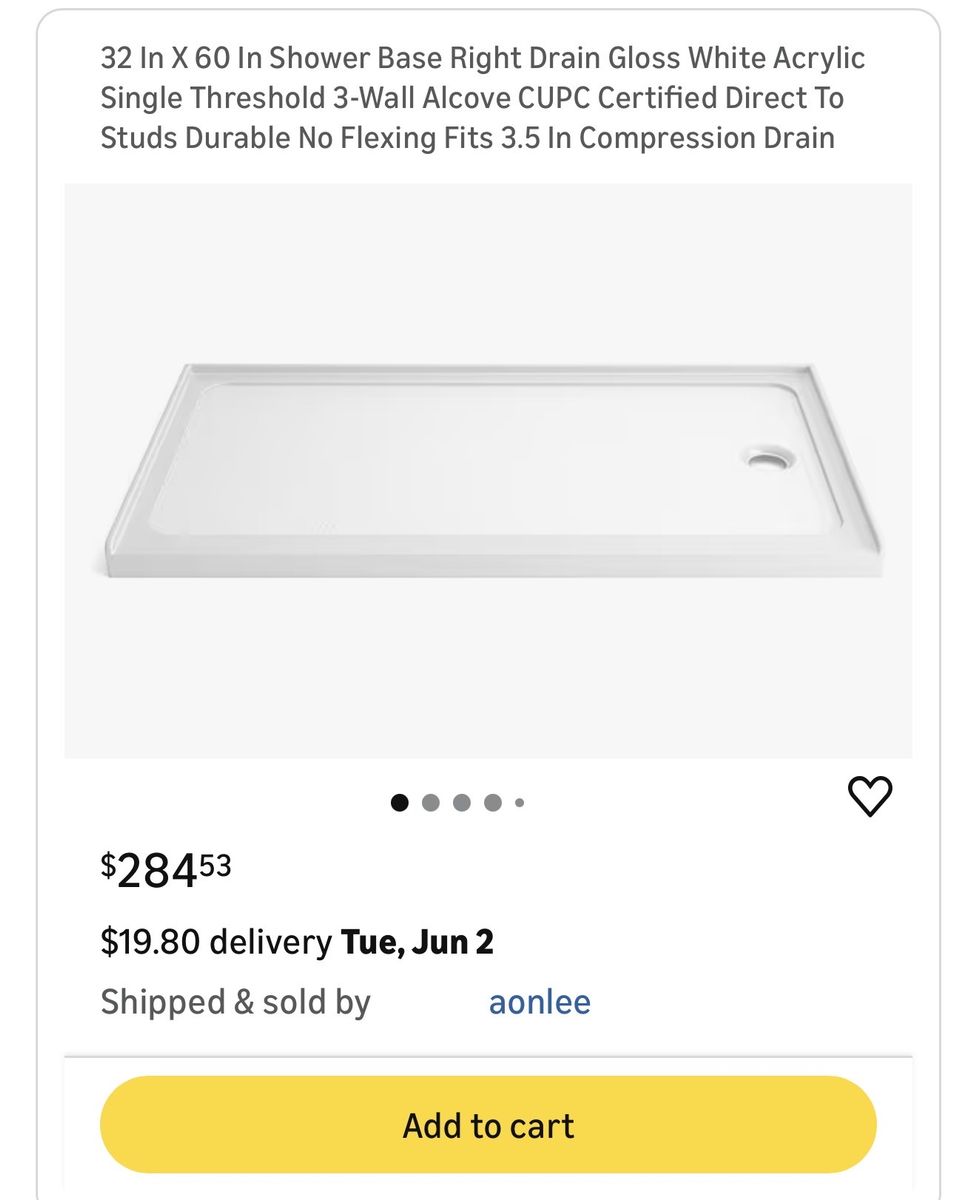 32 In X 60 In Shower Base Right Drain Gloss White Acrylic Single Threshold 3-Wall Alcove CUPC Certif