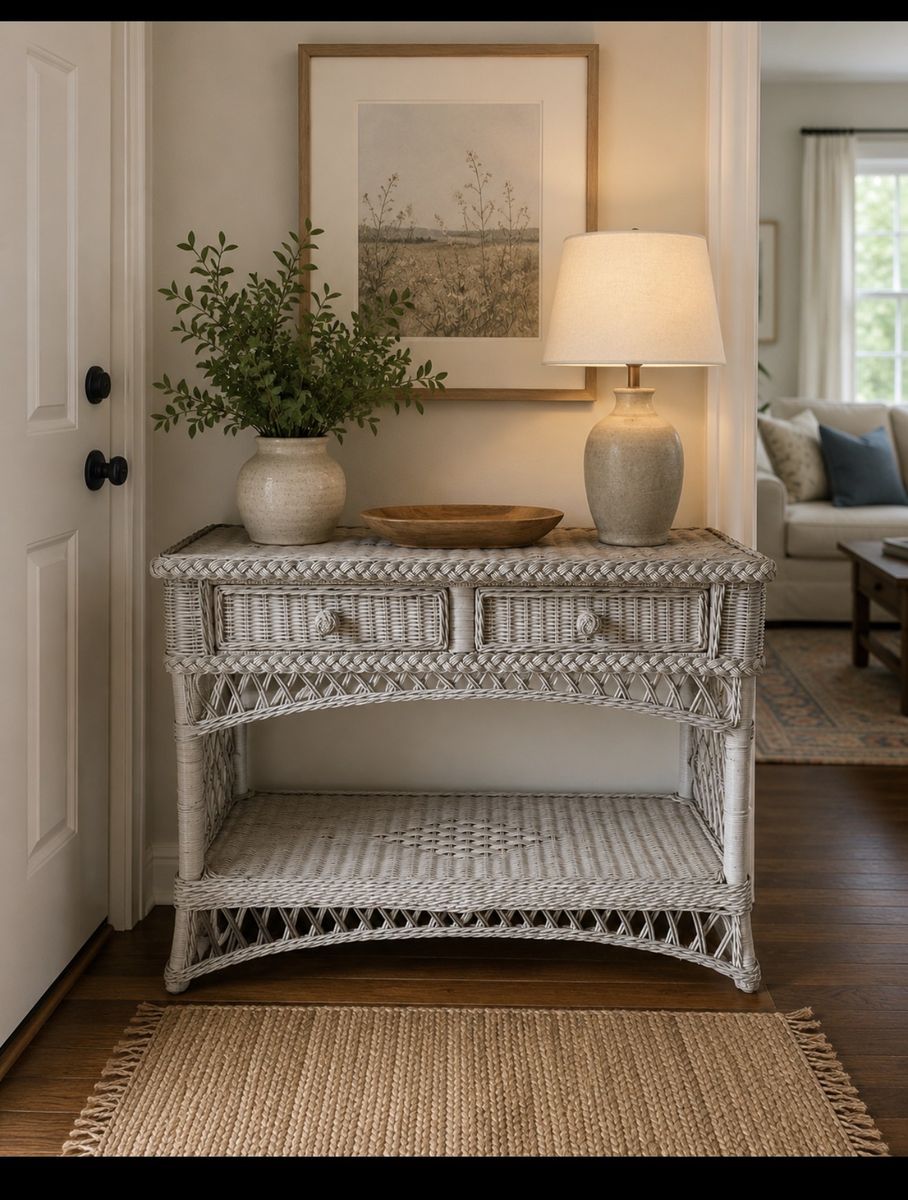 White Vtg Wicker Table Entranceway hallway console 1970’s