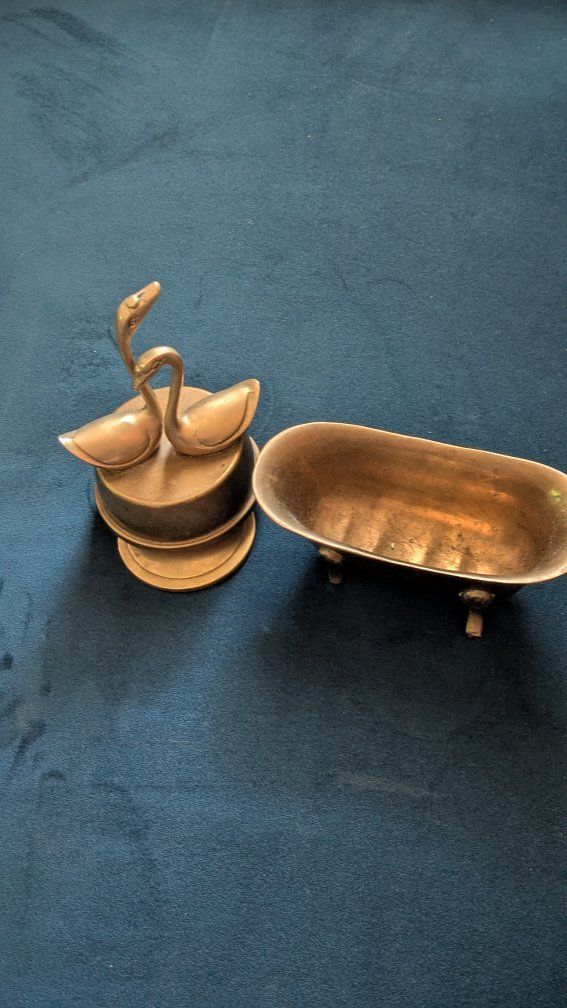 Vintage Brass Miniature Bathtub & Swan Trinket Dish Figurine Set - Home Decor Collectible