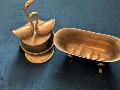 Vintage Brass Miniature Bathtub & Swan Trinket Dish Figurine Set - Home Decor Collectible