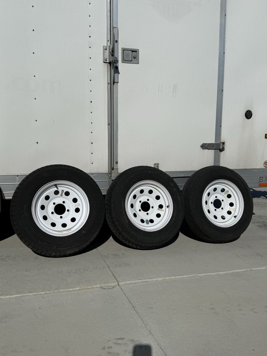 Jaxxons ST205/75D14 Trailer Tires with White Steel Wheels Set of 3