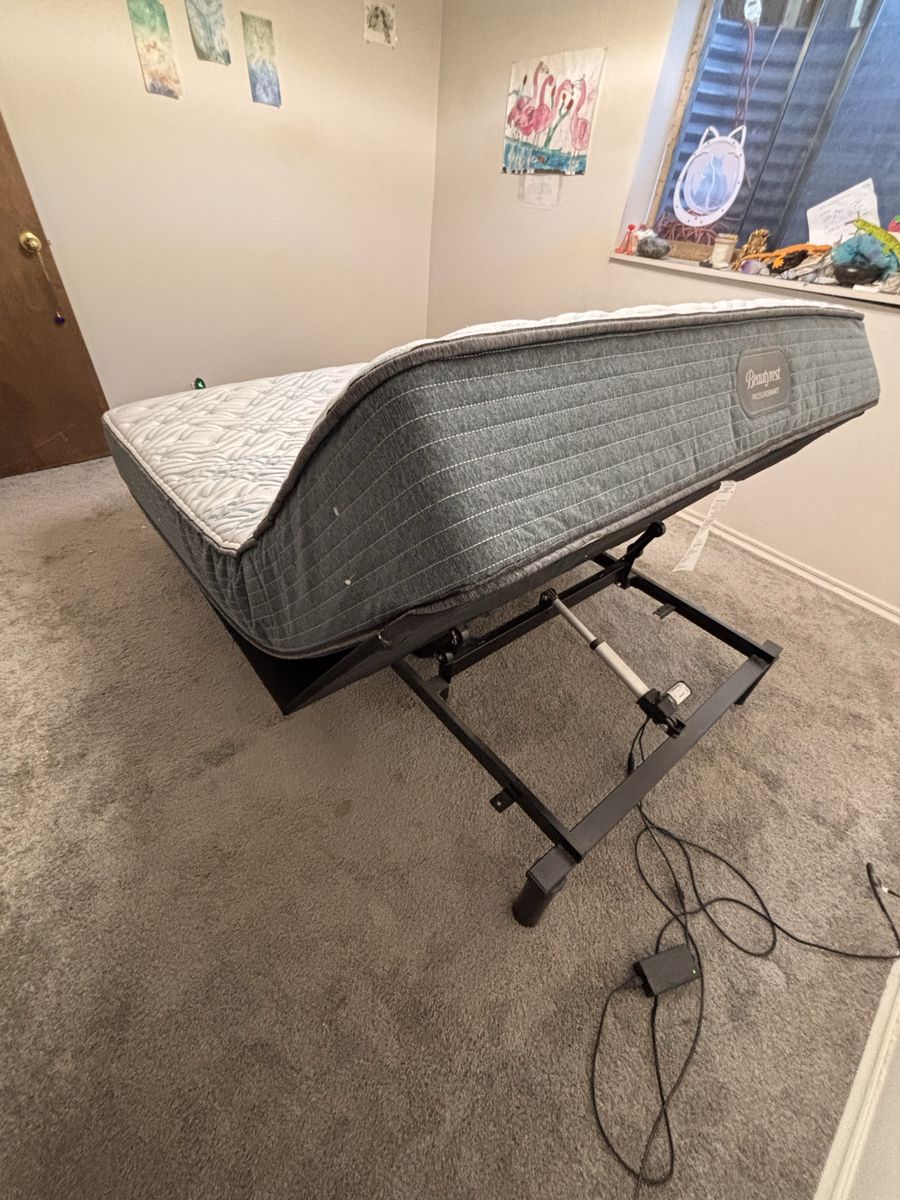 Queen bed frame with automatic elevating upper section