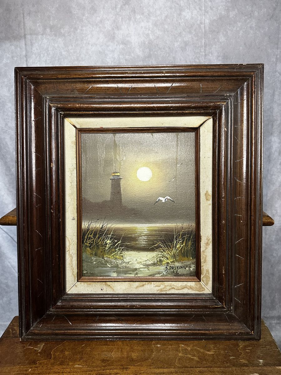 Vintage Lighthouse Oil Painting – Framed