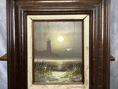 Vintage Lighthouse Oil Painting – Framed