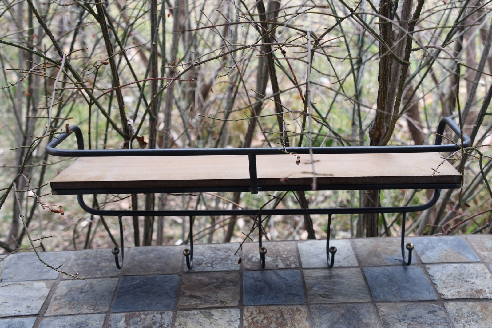 WOOD & METAL SHELF with 5 HOOKS ~ LENGTH 19" ~ CLEAN ~ $5