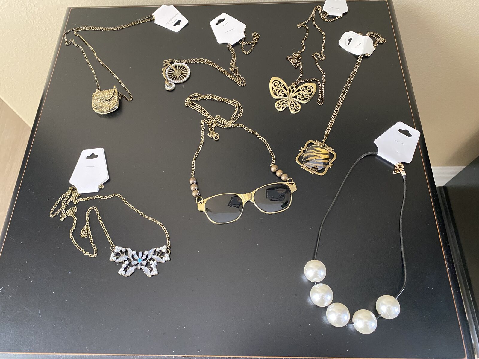 NEW - Beautiful Long Fun Necklaces - Bike-Purse-Butterfly’s-Sunglasses-Pearls - C PIX