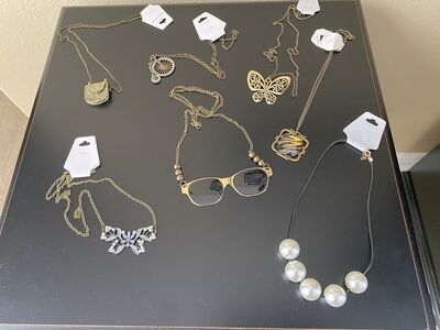NEW - Beautiful Long Fun Necklaces - Bike-Purse-Butterfly’s-Sunglasses-Pearls - C PIX