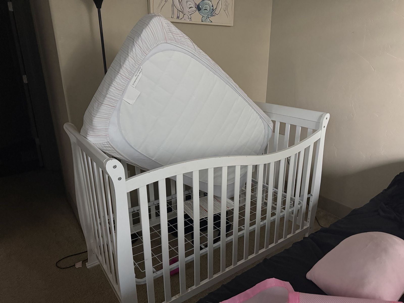White Wooden Crib with Mattress & Pink Breathable Crib Liner Set $50 or best offer