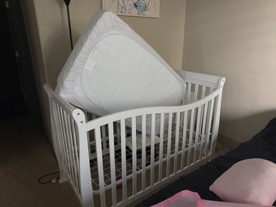 White Wooden Crib with Mattress & Pink Breathable Crib Liner Set $50 or best offer