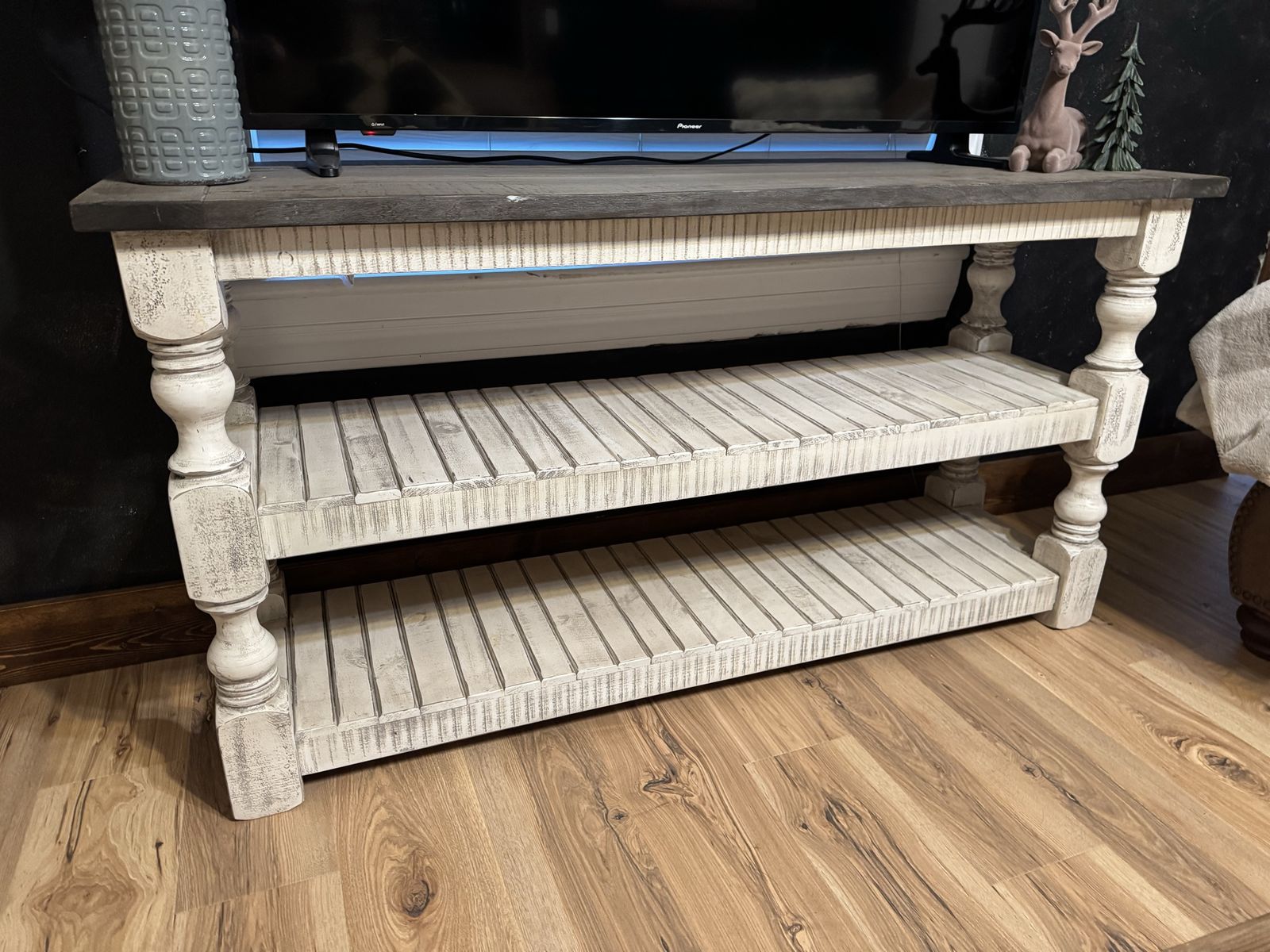 Farmhouse Chic Distressed White & Gray Console Table / TV Stand with 2 Shelves