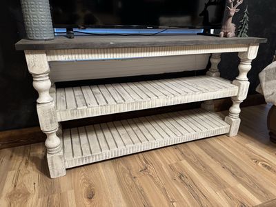 Farmhouse Chic Distressed White & Gray Console Table / TV Stand with 2 Shelves