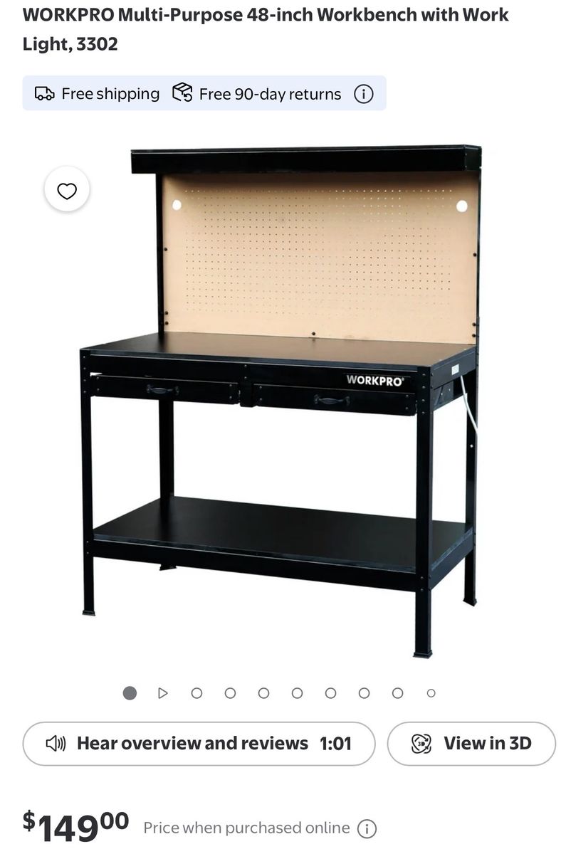 WORKPRO Multi-Purpose 48-Inch Workbench with LED Work Light, Pegboard & Drawers