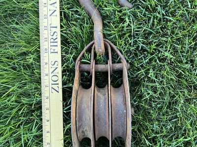 Extra Large Rustic Iron Hook and Pulley - Three Cables -Display Piece