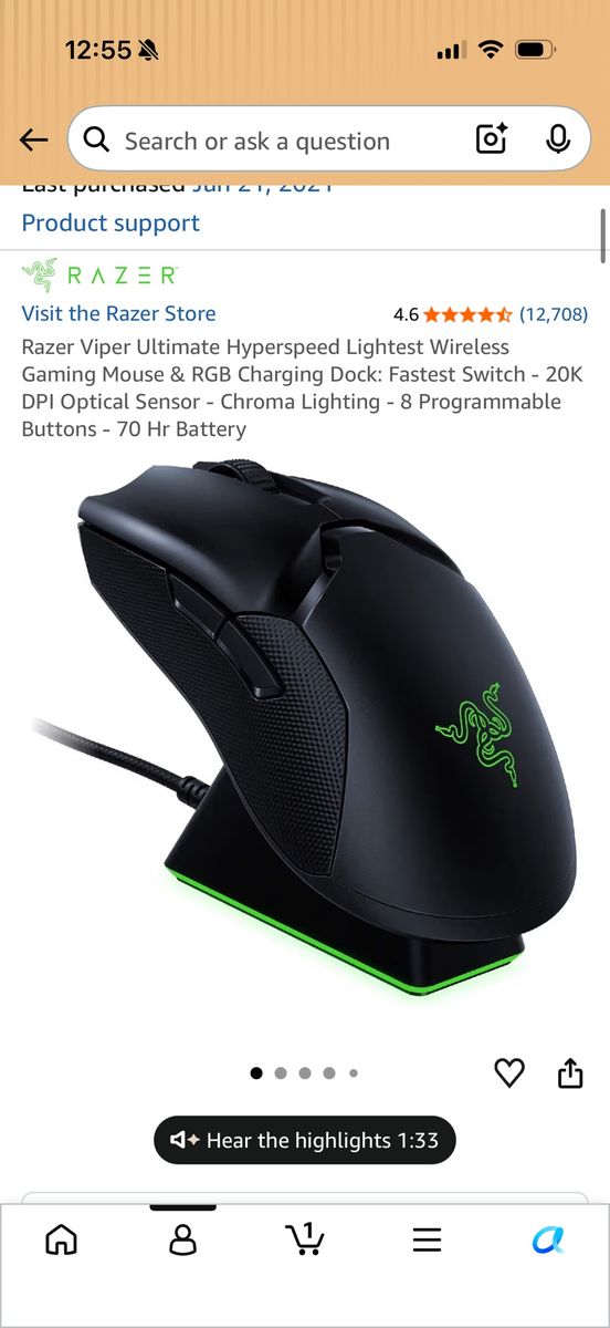Razer Viper Ultimate Hyperspeed Wireless Gaming Mouse & RGB Charging Dock - 20K DPI, 70 Hr Batt