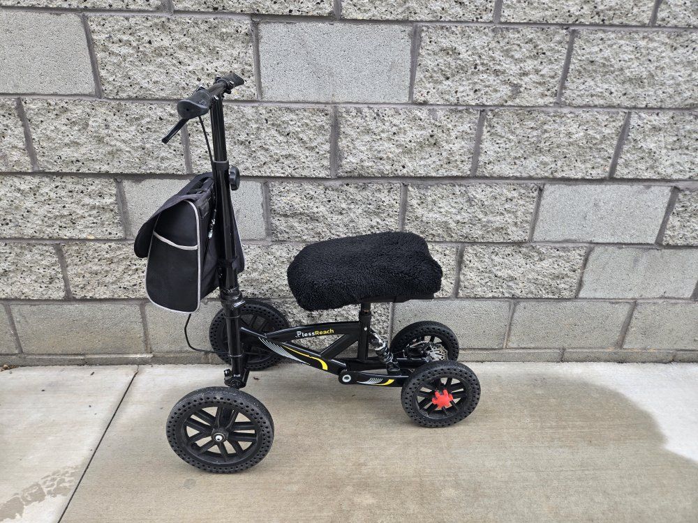 BlessReach All-Terrain Knee Walker Scooter with Padded Seat & Front Storage Bag