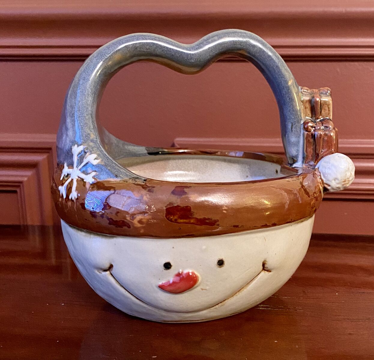 Vintage Snowman High Gloss Ceramic Bowl/Planter W/ Handle - Great Condition - C PIX.