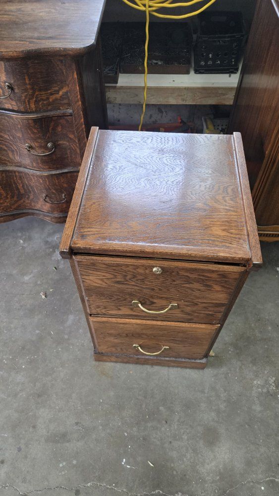 Vintage Oak 2-Drawer Filing Cabinet with Brass Hardware