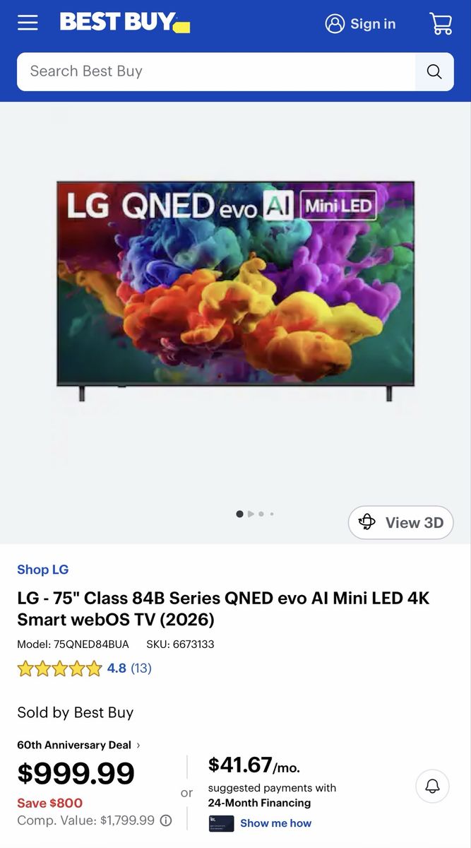 LG 75-inch Class 84B Series QNED evo AI Mini LED 4K Smart TV