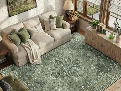 NEW 7'x9' Washable Non-Slip, Floral Vintage Distress Medallion Dark Green Gray