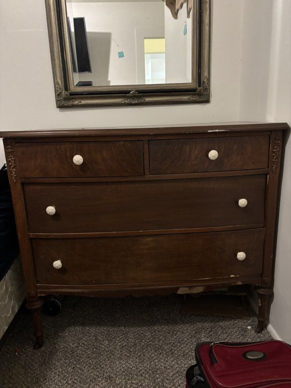 Vintage Dark Wood Dresser/Commode with 4 Drawers - Carved Details & Unique Hardware