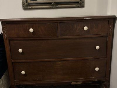 Vintage Dark Wood Dresser/Commode with 4 Drawers - Carved Details & Unique Hardware