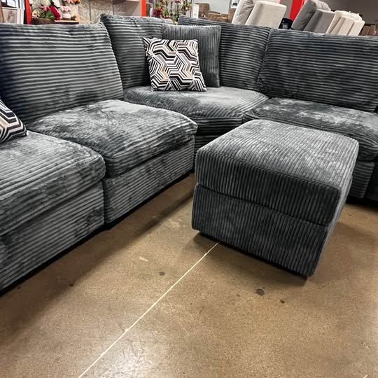 Brand New Xtra Fluffy Oversized Modular Sectional with Ottoman Grey Corduroy