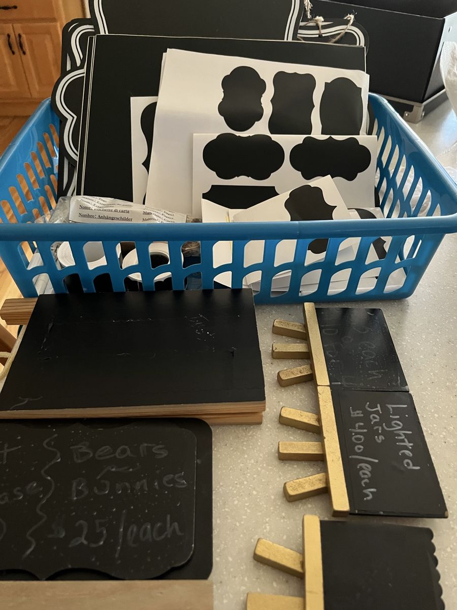 Assorted Chalkboard Signs, Label Stickers, and Display Holders Bundle