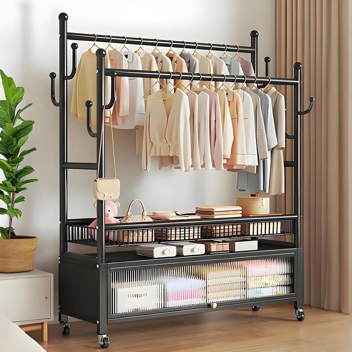 Rolling Clothing Rack with Shelves, Portable Wardrobe Rack, Sturdy Coat Rack for Bedroom, Laundry, Living Room, Black