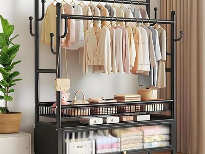 Rolling Clothing Rack with Shelves, Portable Wardrobe Rack, Sturdy Coat Rack for Bedroom, Laundry, Living Room, Black