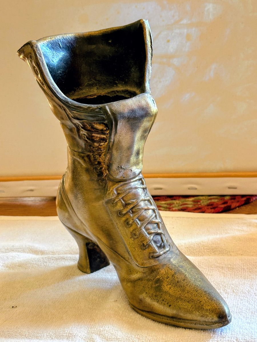 Vintage Brass Boot Planter / Vase - High Heel Lace Up Boot Decor