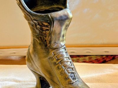 Vintage Brass Boot Planter / Vase - High Heel Lace Up Boot Decor