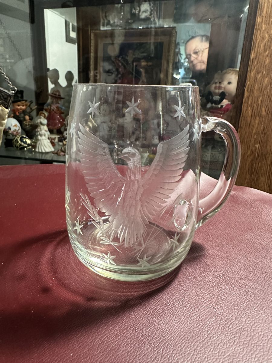 Vintage Glass Mug Etched American Eagle and Stars