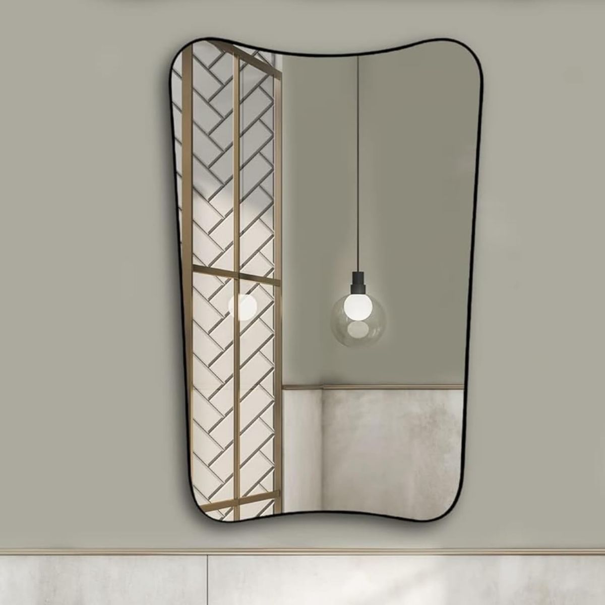 New! Mirrona 36"x24" Asymmetrical Irregular Wall Mirror, Wooden Framed Decorative Mirror for Livingroom Bedroom Bathroom