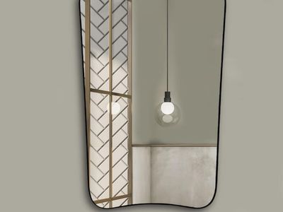 New! Mirrona 36"x24" Asymmetrical Irregular Wall Mirror, Wooden Framed Decorative Mirror for Livingroom Bedroom Bathroom