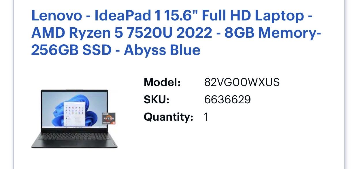 Lenovo IdeaPad 1 15.6" Full HD Laptop - AMD Ryzen 5 7520U 8GB RAM 256GB SSD Abyss Blue