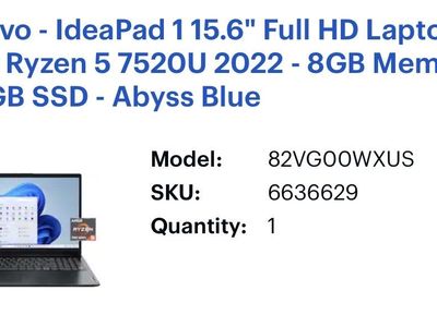 Lenovo IdeaPad 1 15.6" Full HD Laptop - AMD Ryzen 5 7520U 8GB RAM 256GB SSD Abyss Blue