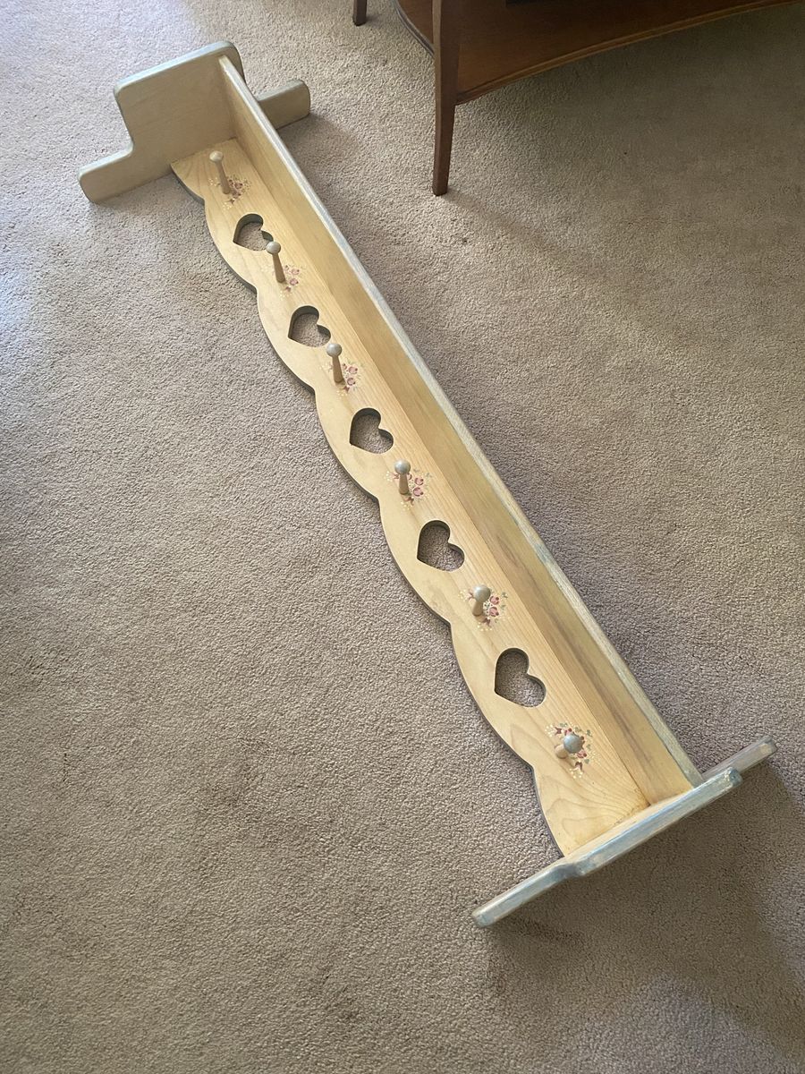 Wooden Wall Shelf with Heart Cutouts and Pegs - Home Decor Storage